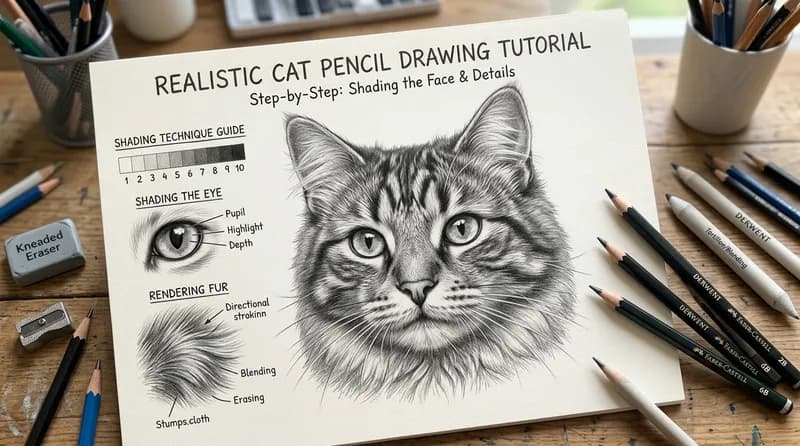 Contoh sketsa kucing realistis dengan detail wajah