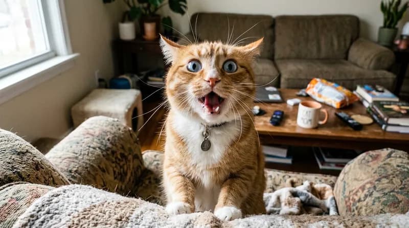 Foto kucing meme ikonik dengan ekspresi dramatis