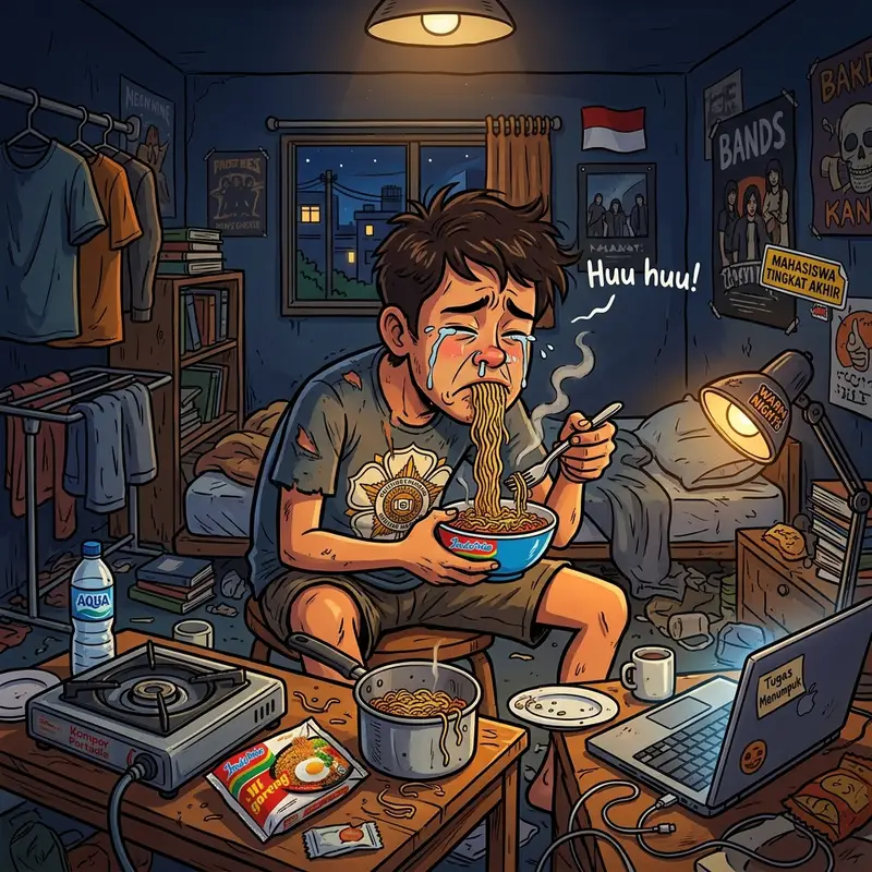 Anak kos masak indomie dengan air mata