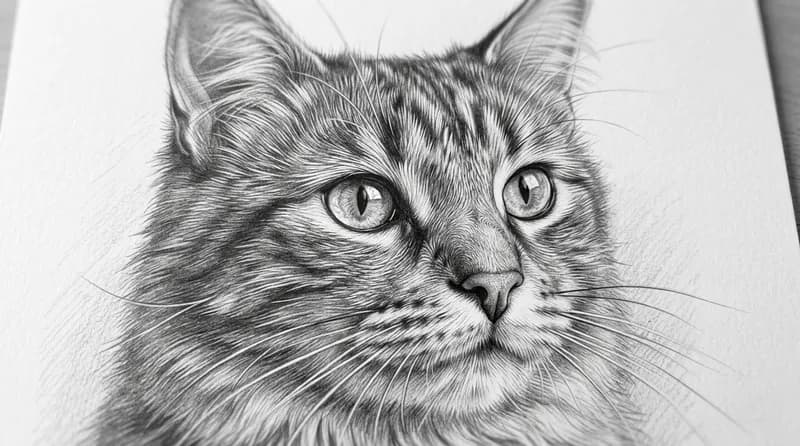 Sketsa kucing realistis dengan shading bulu