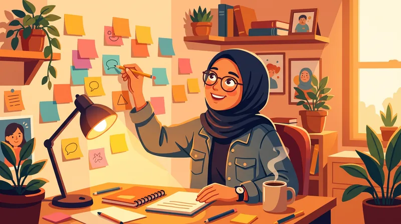 Ilustrasi perempuan menyusun ide 2 kata lucu di kertas tempel warna-warni
