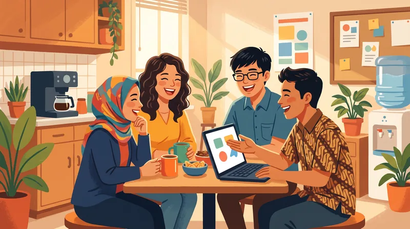 Ilustrasi rekan kerja tertawa di pantry kantor saat membaca 2 kata lucu di laptop