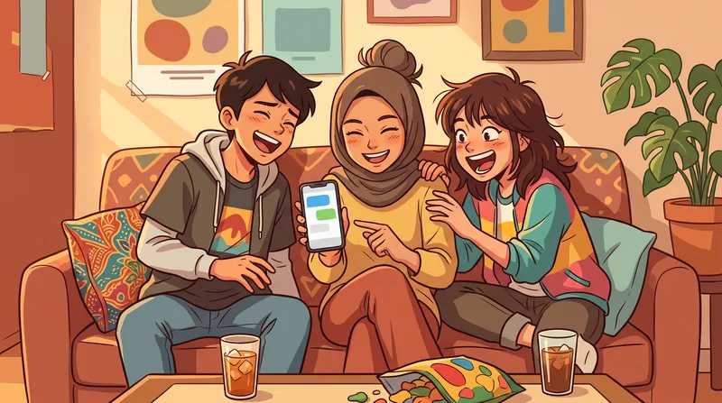 Ilustrasi tiga remaja tertawa melihat 2 kata lucu di chat ponsel