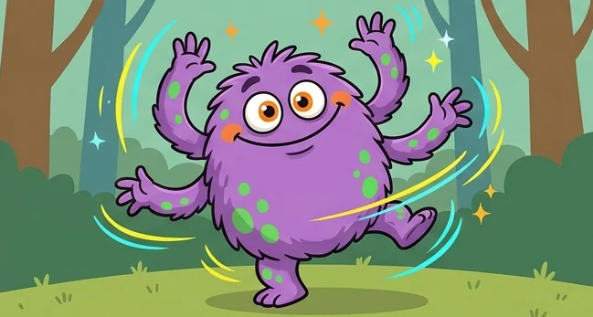 Animasi lucu monster ungu berbulu berjoget konyol dengan garis gerak di hutan