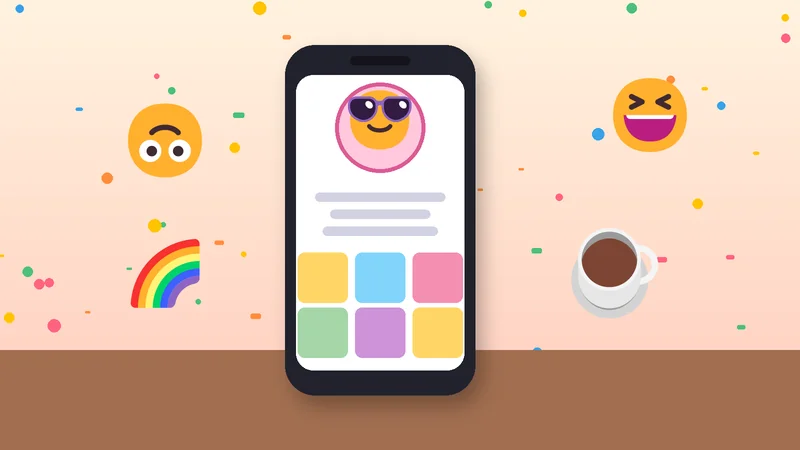 Ilustrasi ponsel di atas meja menampilkan halaman profil dengan avatar emoji, di sebelah secangkir kopi