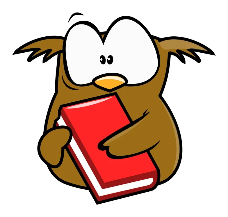 Burung hantu kartun cokelat bermata besar memeluk buku merah