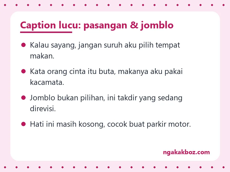 Kartu teks merah muda berisi caption lucu untuk pasangan dan untuk jomblo