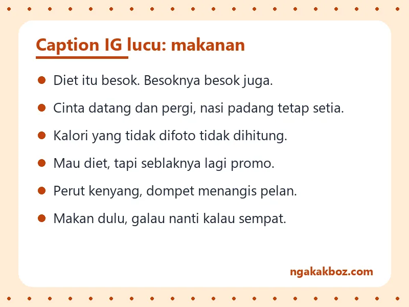 Kartu teks oranye berisi contoh caption lucu untuk foto makanan seperti nasi padang dan seblak