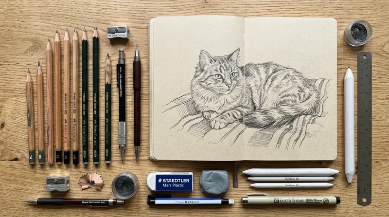 Alat gambar untuk menggambar kucing: pensil, penghapus, kertas sketsa