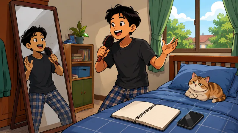 Ilustrasi kartun anak muda berlatih stand up comedy di depan cermin kamar dengan buku catatan