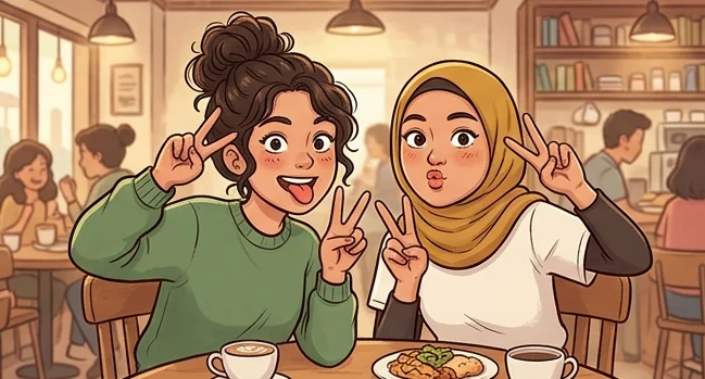 Ilustrasi dua cewek bersahabat berpose peace dan menjulurkan lidah di kafe
