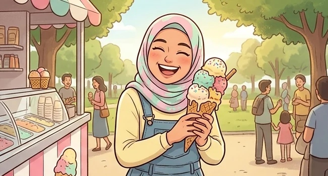 Ilustrasi cewek berhijab pastel tertawa memegang es krim tiga tingkat di taman