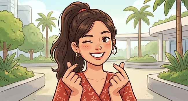 Ilustrasi cewek berkuncir mengedipkan mata sambil membuat finger heart di taman kota