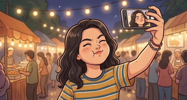 Ilustrasi cewek berambut ikal selfie sambil menggembungkan pipi di pasar malam