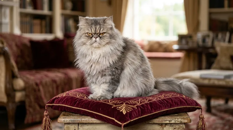 Foto kucing imut persia dengan bulu tebal dan wajah jutek menggemaskan