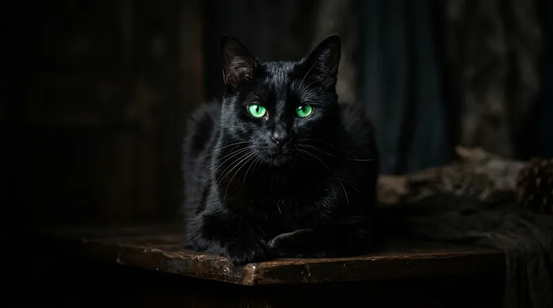 Foto kucing hitam keren dengan tatapan tajam dan pencahayaan dramatis