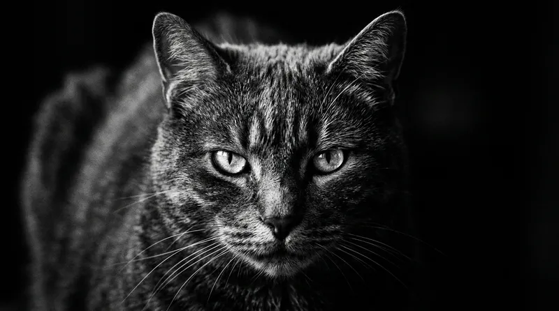 Foto kucing keren hitam putih monokrom dengan pencahayaan dramatis artistik