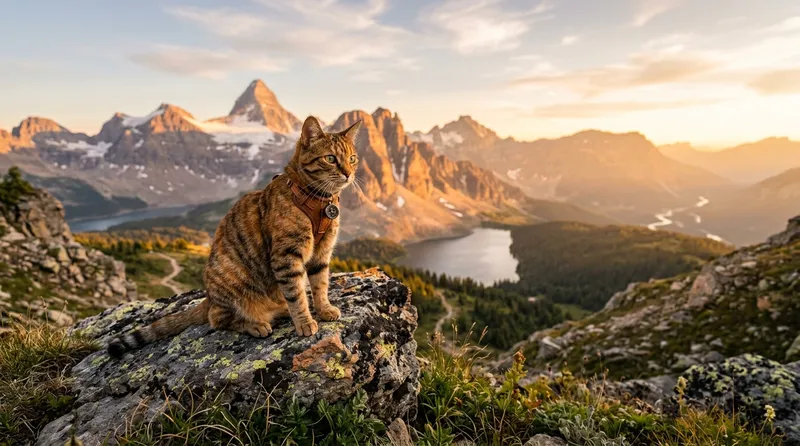 Foto kucing keren outdoor di alam terbuka dengan background pemandangan indah