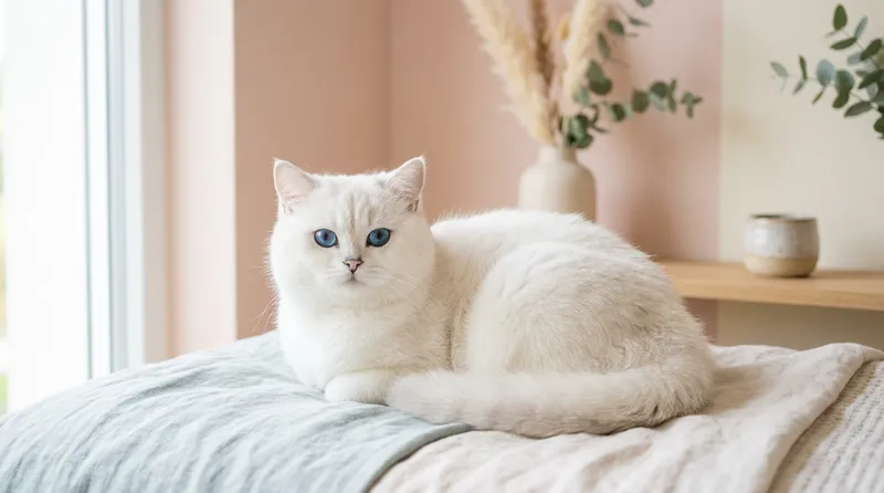 Foto kucing putih aesthetic dengan bulu lebat dan mata biru sapphire yang memukau