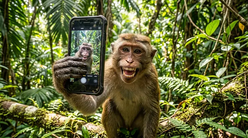 Monyet selfie kocak dengan ekspresi lucu menghadap kamera di habitat alaminya