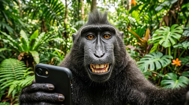 Ilustrasi kisah monyet Naruto dari Sulawesi yang mengambil selfie dengan kamera fotografer
