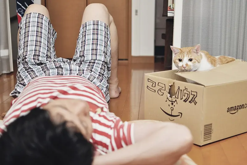 Foto orang lucu rebahan di lantai sementara kucing oren mengintip dari kardus di sebelahnya