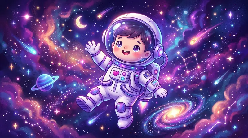 Gambar astronot kartun galaxy aesthetic melayang di antara bintang dan nebula biru ungu