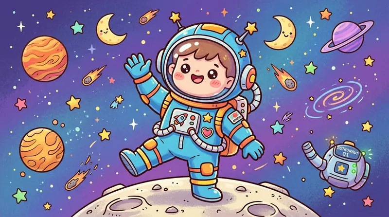 Gambar astronot kartun lucu chibi dengan ekspresi kocak di luar angkasa