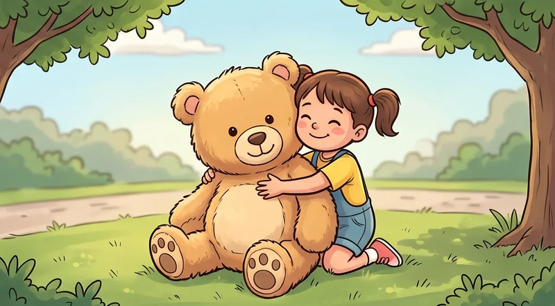 Anak perempuan berkuncir memeluk teddy bear besar di taman berumput