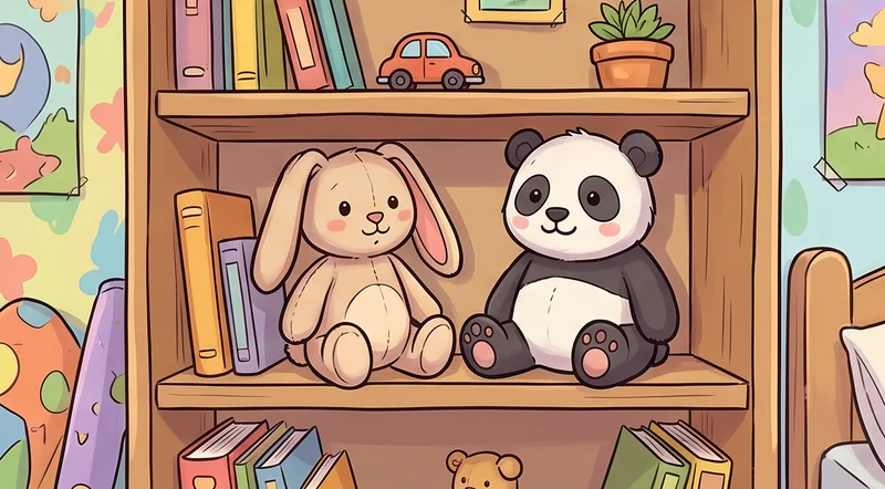 Boneka kelinci krem dan boneka panda duduk berdampingan di rak buku kamar anak