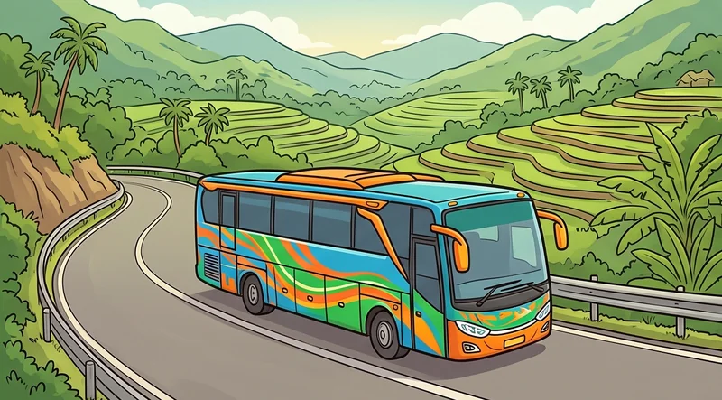 Bus antarkota bercorak warna-warni melaju di jalan berkelok dengan sawah terasering dan pohon kelapa