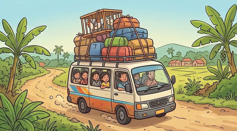Minibus berisi penumpang tersenyum dengan tumpukan tas, karung, dan kandang ayam diikat di atap