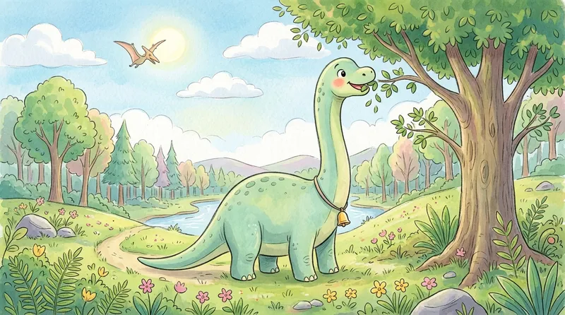 Gambar Brachiosaurus lucu kartun dengan leher panjang yang imut dan menggemaskan
