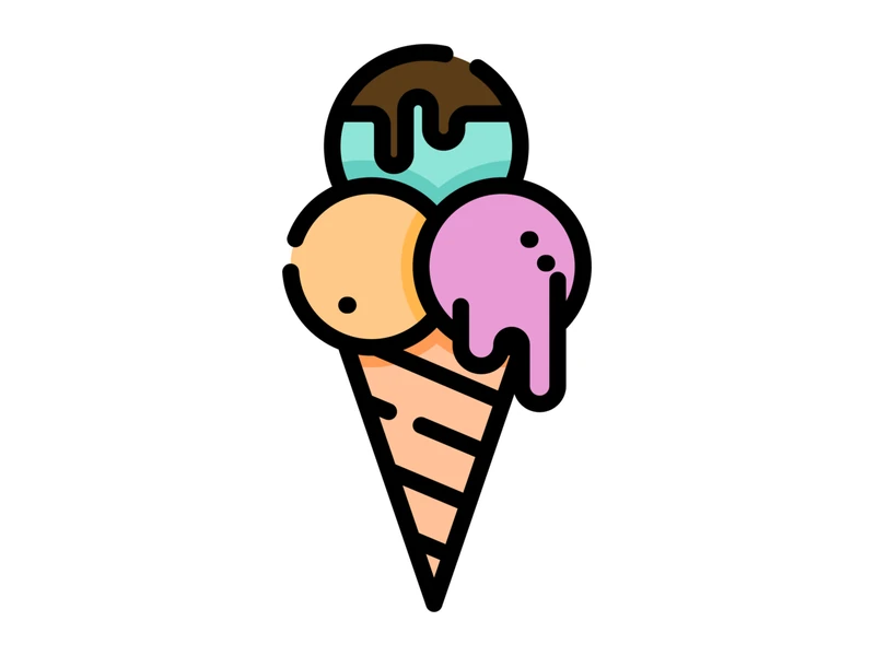 Gambar es krim kartun tiga skup di atas cone dengan lelehan saus