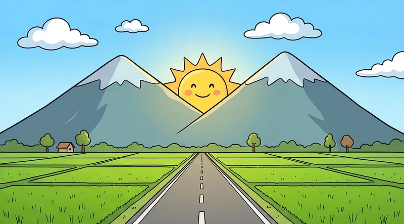 Dua gunung segitiga dengan matahari tersenyum di tengahnya, jalan lurus membelah sawah hijau