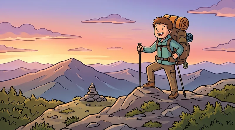 Pendaki tersenyum dengan ransel besar dan tongkat trekking berdiri di puncak berbatu dengan langit jingga keunguan