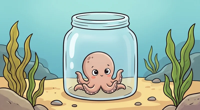 Bayi gurita cokelat muda bermata besar duduk di dalam toples kaca di dasar laut berpasir