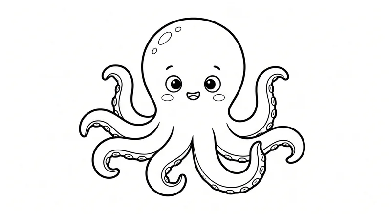 Gambar garis hitam putih gurita tersenyum dengan delapan lengan untuk diwarnai