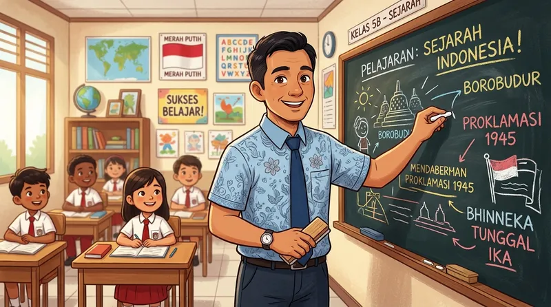 Gambar guru kartun laki-laki berkacamata dengan ekspresi berwibawa dan lucu