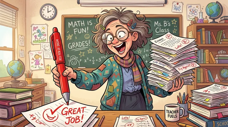 Gambar guru kartun lucu dengan ekspresi kesal dan buku melayang di udara