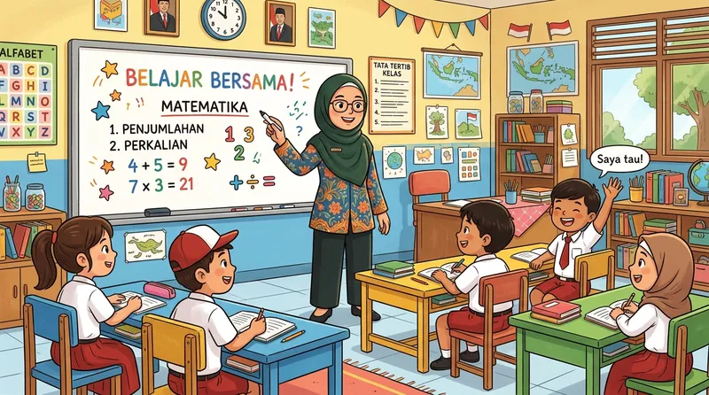 Gambar guru kartun perempuan berhijab sedang mengajar dengan senyum ramah