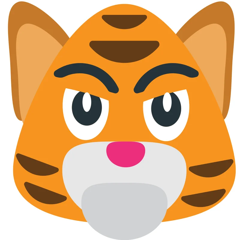 Gambar harimau kartun berupa emoji wajah harimau oranye beralis tebal dan bertatapan tajam