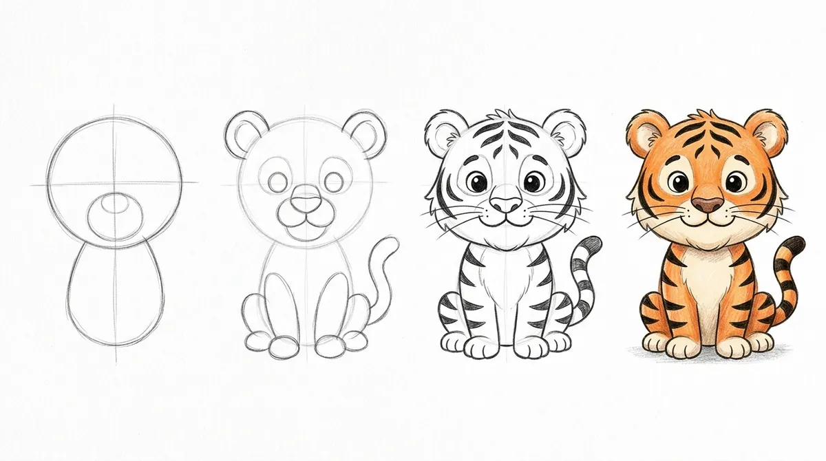 Cara menggambar harimau kartun langkah demi langkah dari sketsa sampai diwarnai