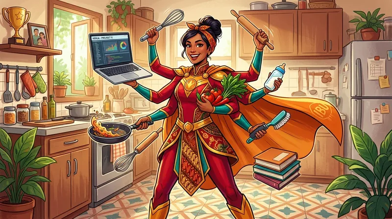 Gambar ibu superhero kartun dengan jubah pahlawan dan kekuatan super