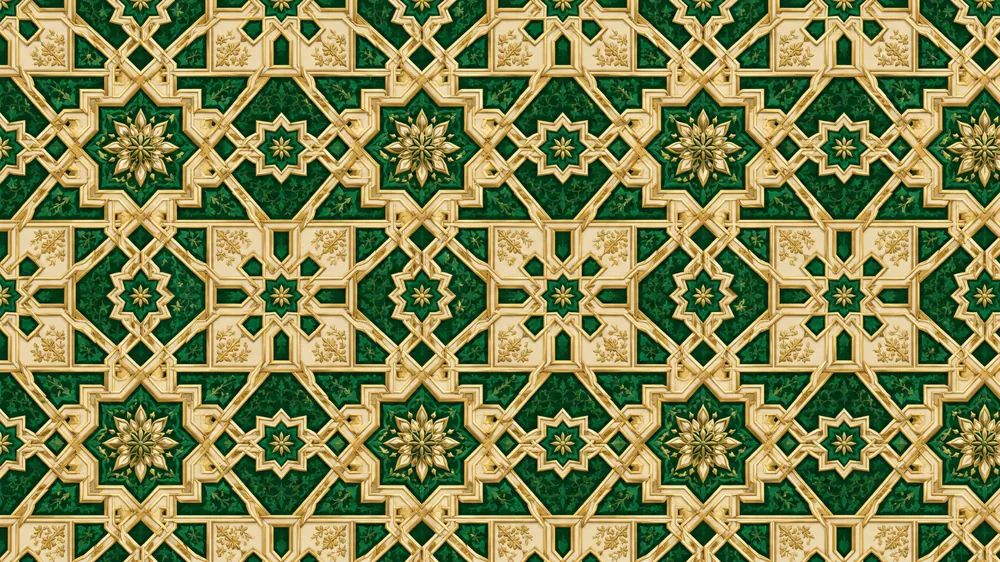 Pola geometris islami berbentuk bintang delapan yang saling menjalin dengan warna hijau dan emas