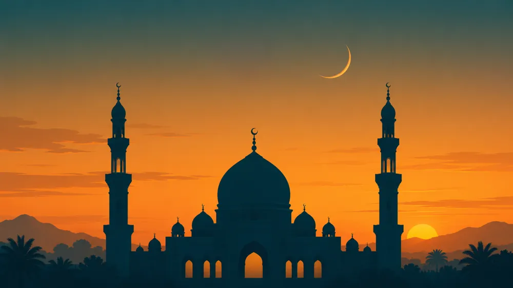 Siluet masjid berkubah dengan dua menara di depan langit senja berwarna hangat