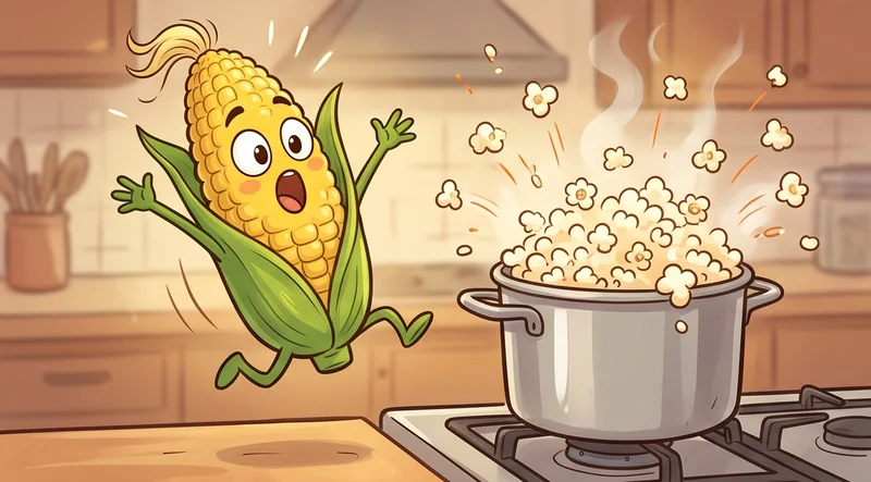 Tongkol jagung kartun melompat kaget saat popcorn meletup dari panci di atas kompor