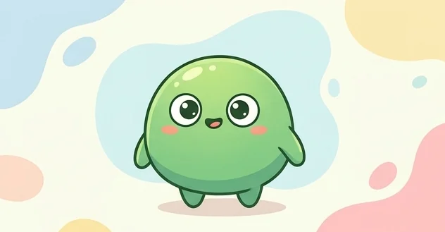 Gambar karakter lucu berbentuk blob hijau bulat dengan mata besar dan tangan mungil