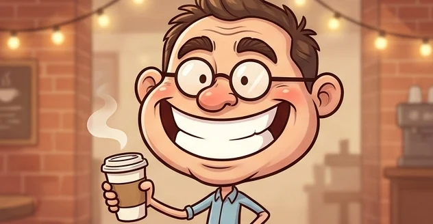 Gambar karikatur mudah bapak berkacamata dengan kepala besar dan senyum lebar memegang kopi