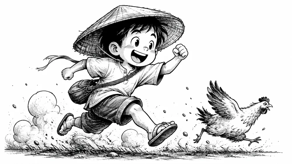 Ilustrasi kartun monokrom dengan arsiran silang dan titik-titik bergaya tinta